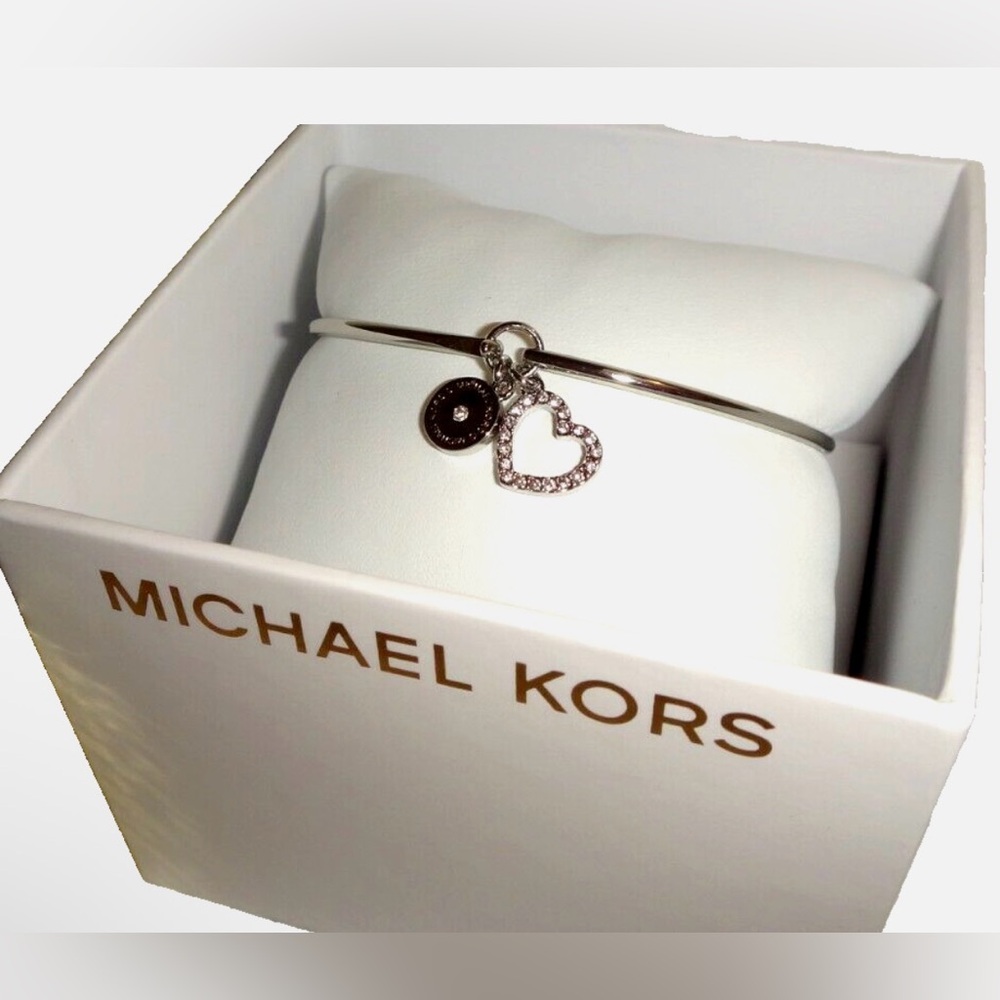 Michael Kors Silver Heart Charm Bracelet Spring Gift for Her • Stackable Bangle